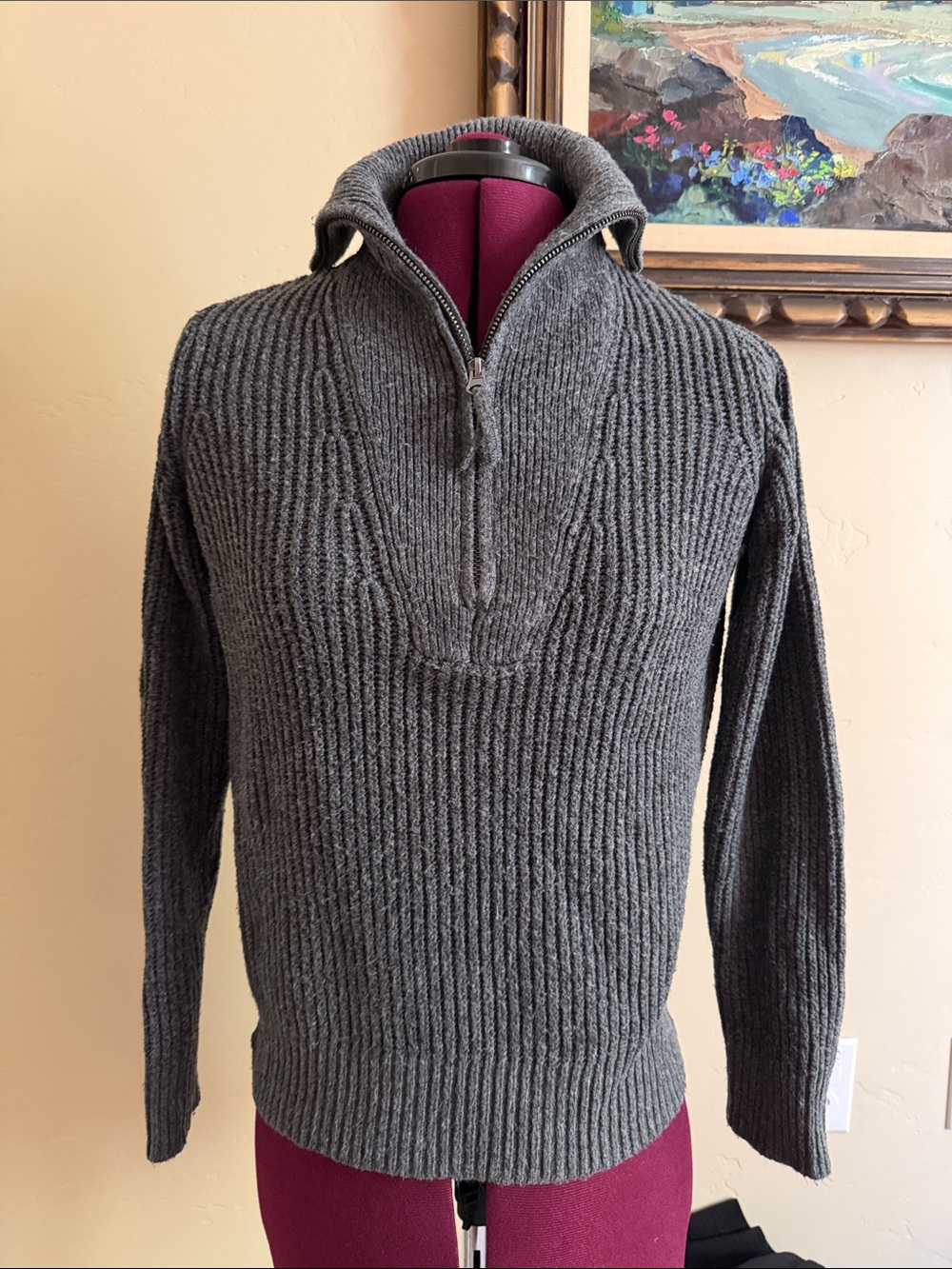Market & Spruce Woman’s Charcoal Gray Ribbed Half-Zip Sweater
